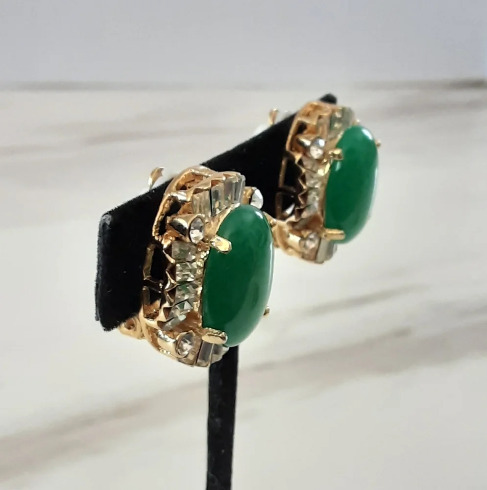 Chrysoprase Cabochon Gold Plated Baguette | Round CZ Clip On Earrings - Vtg